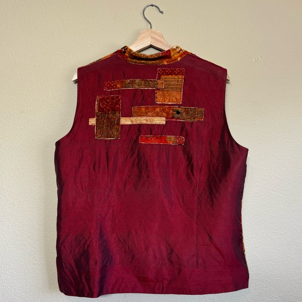 Coldwater Creek top women XL silk blend velvet patchwork vest red & orange - Picture 2 of 7